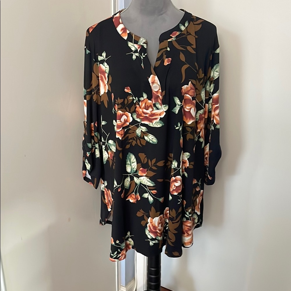 Black and Orange Floral 3/4 Sleeve Blouse with Mandarin Collar